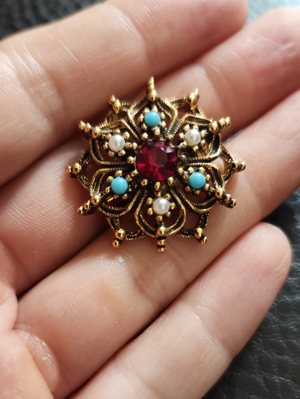 VTG Gold-Tone Floral Brooch with Red Crystal and Turquoise Accents